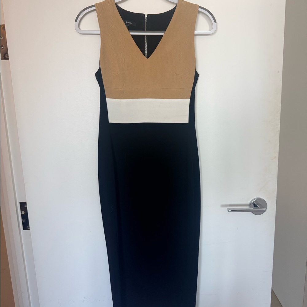 Elegant Sleeveless Midi Dress in Tan, White, and Black